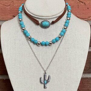 Faux Turquoise Choker and Saguaro Cactus Necklace Set